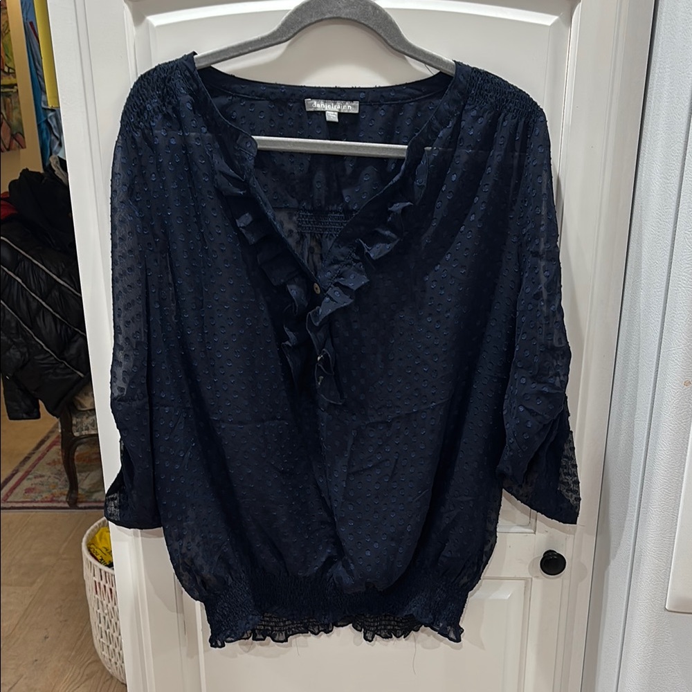 Daniel Rainn Blue Ruffled Blouse with Relaxed Fit and V-Neckline